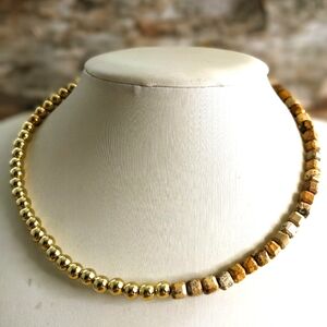Natural Brown Picture Jasper Beads With Gold Beads In Choker/Necklace